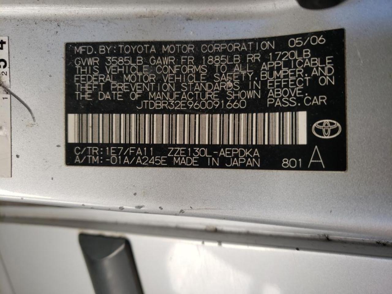 Photo 10 from auction – 2006 TOYOTA COROLLA CE with VIN JTDBR32E960091660