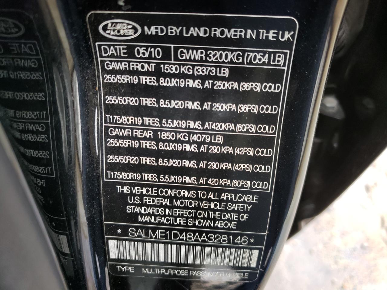 Photo 10 from auction – 2010 LAND ROVER RANGE ROVE with VIN SALME1D48AA328146