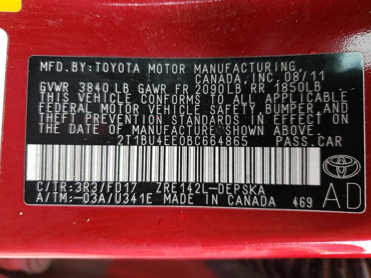 Photo 10 from auction – 2011 TOYOTA COROLLA BA with VIN 2T1BU4EE0BC664865