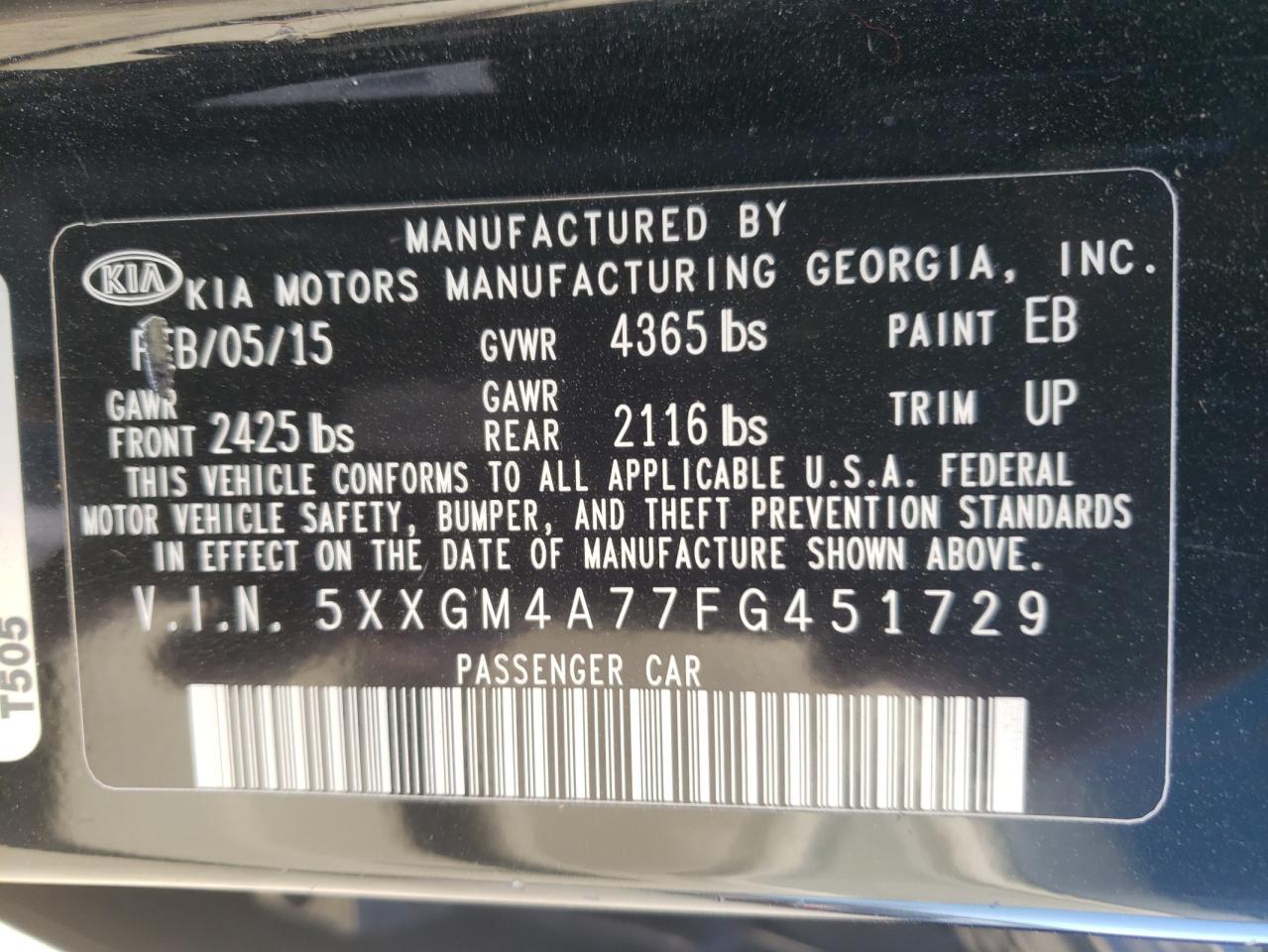 Photo 10 from auction – 2015 KIA OPTIMA LX with VIN 5XXGM4A77FG451729