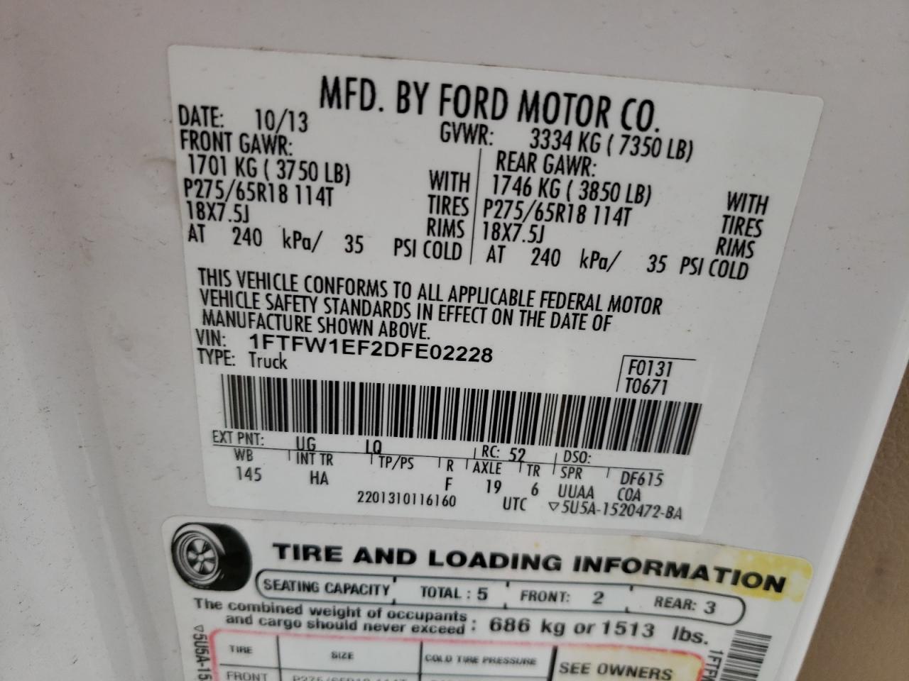 Photo 10 from auction – 2013 FORD F150 SUPER with VIN 1FTFW1EF2DFE02228