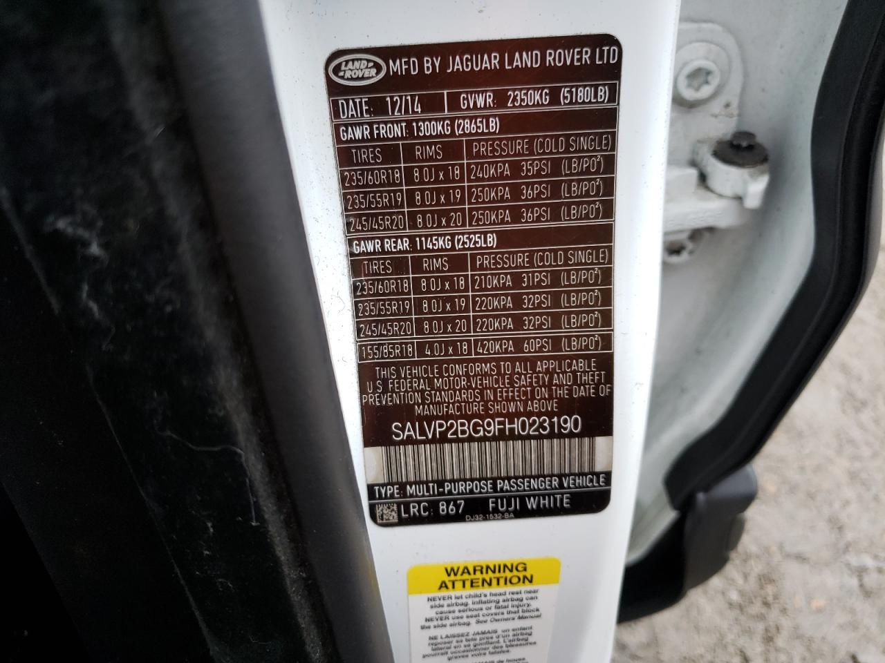 Photo 10 from auction – 2015 LAND ROVER RANGE ROVE with VIN SALVP2BG9FH023190