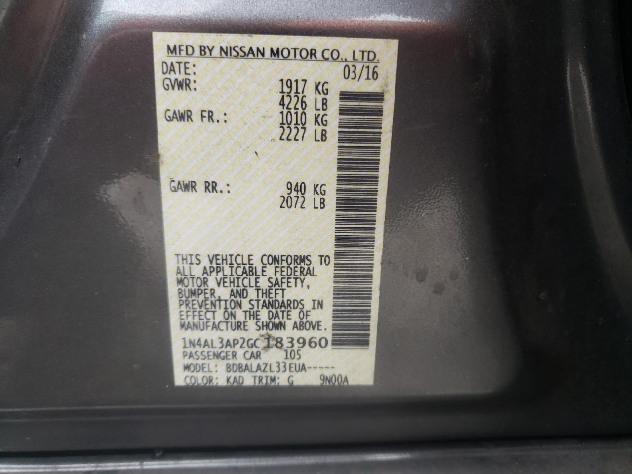 Photo 11 from auction – 2016 NISSAN ALTIMA 2.5 with VIN 1N4AL3AP2GC183960
