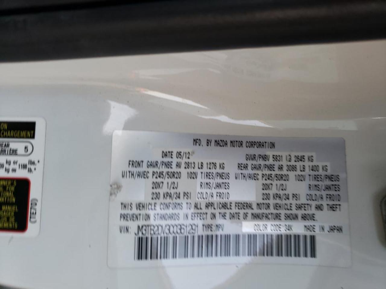 Photo 10 from auction – 2012 MAZDA CX-9 with VIN JM3TB2DV3C0361291