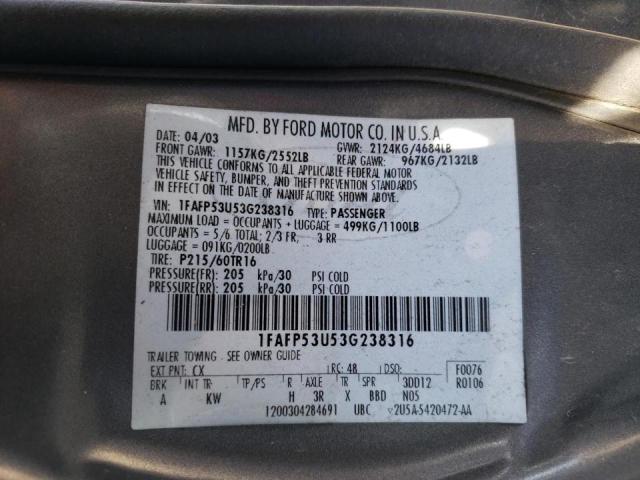 Photo 10 from auction – 2003 FORD TAURUS SE with VIN 1FAFP53U53G238316