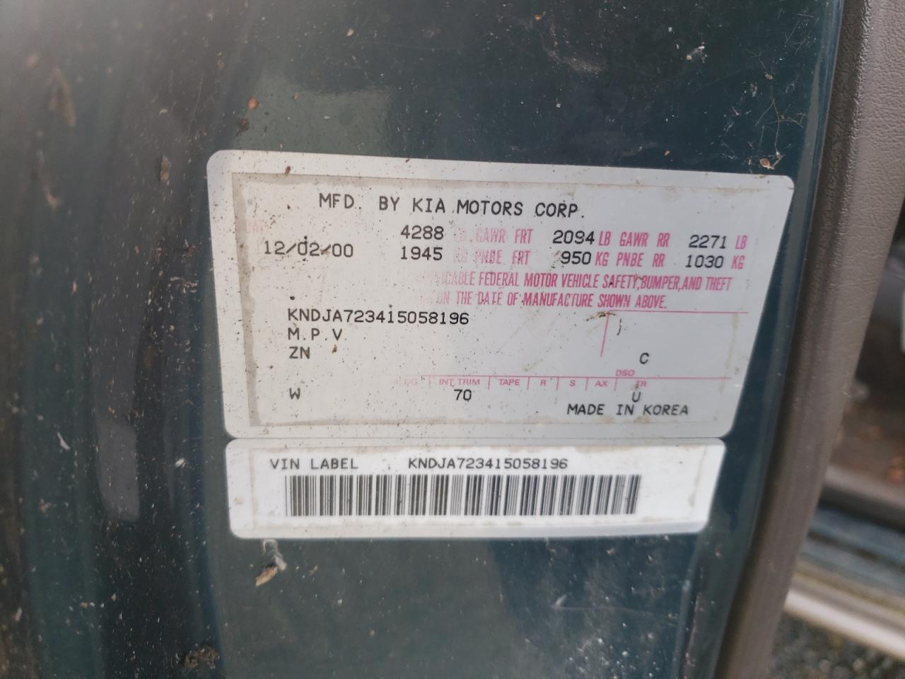 Photo 10 from auction – 2001 KIA SPORTAGE with VIN KNDJA723415058196