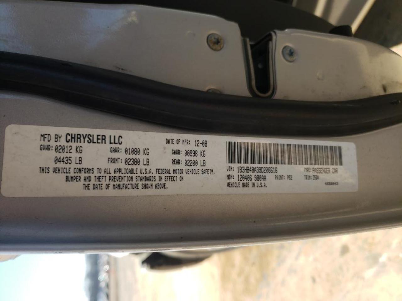 Photo 10 from auction – 2009 DODGE CALIBER SX with VIN 1B3HB48A39D206616