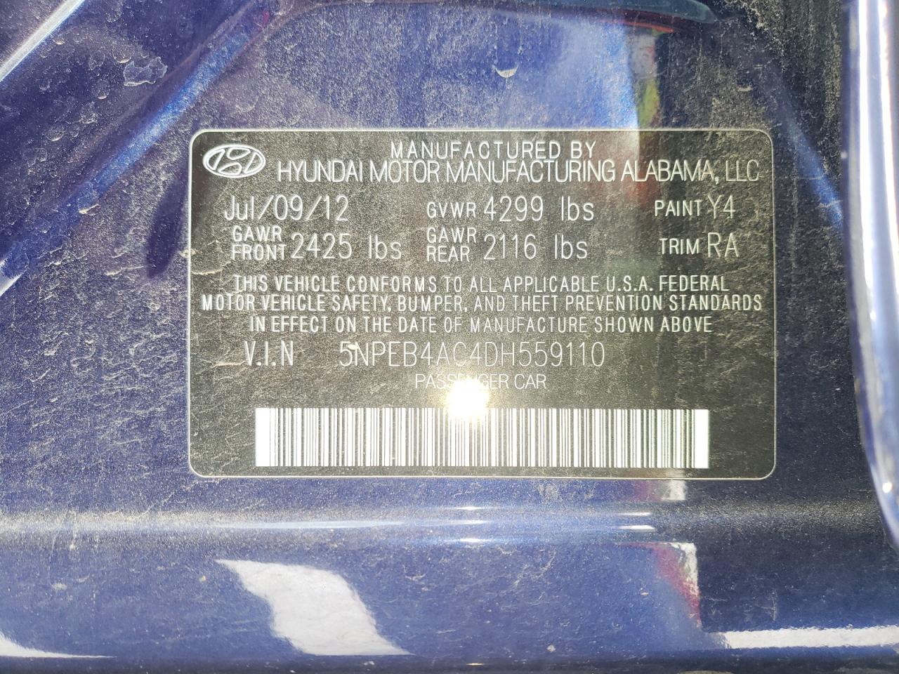 Photo 10 from auction – 2013 HYUNDAI SONATA GLS with VIN 5NPEB4AC4DH559110