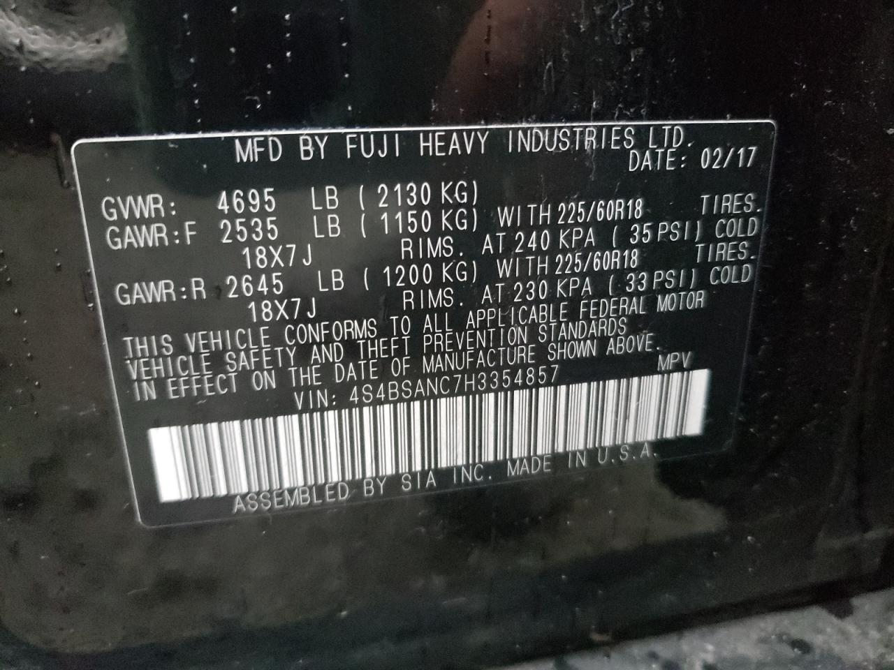 Photo 10 from auction – 2017 SUBARU OUTBACK 2. with VIN 4S4BSANC7H3354857