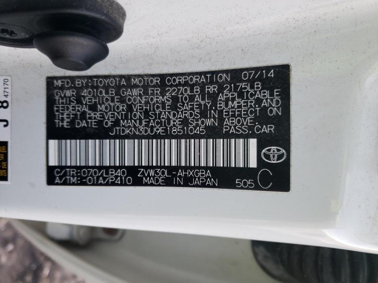 Photo 10 from auction – 2014 TOYOTA PRIUS with VIN JTDKN3DU9E1851045