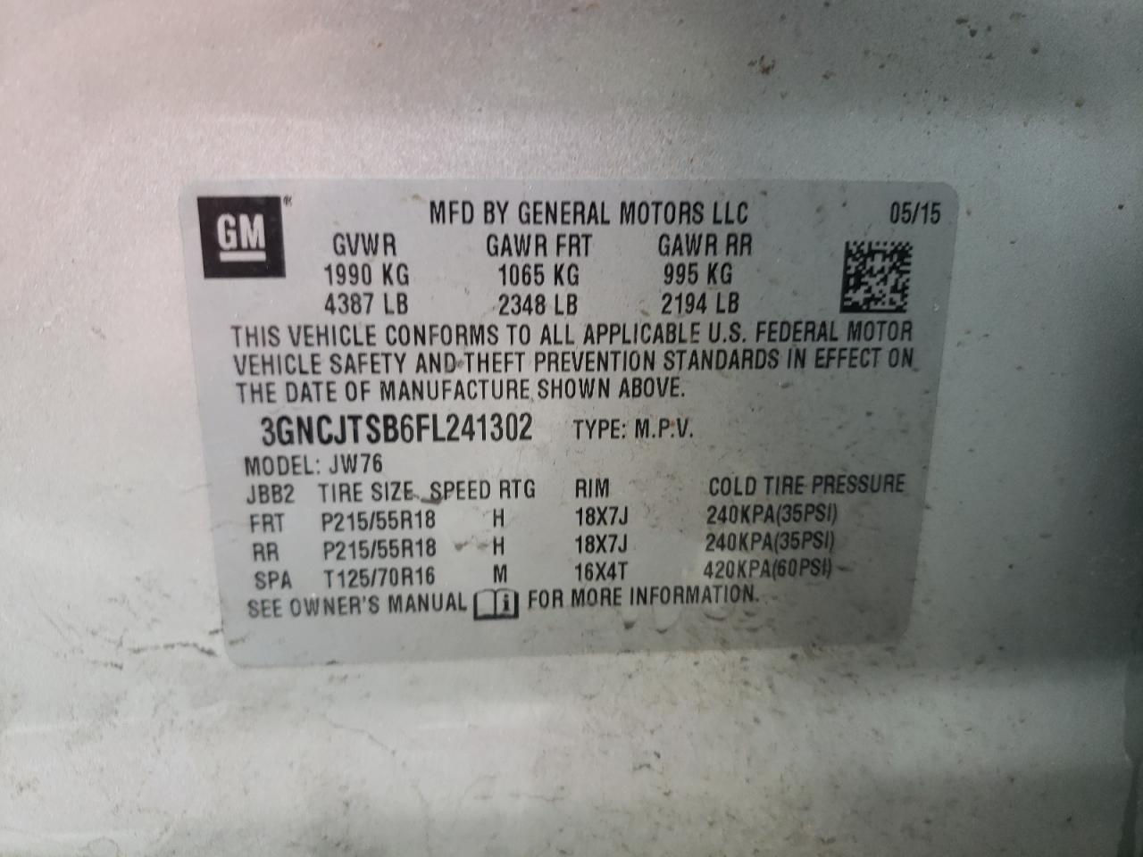 Photo 10 from auction – 2015 CHEVROLET TRAX LTZ with VIN 3GNCJTSB6FL241302