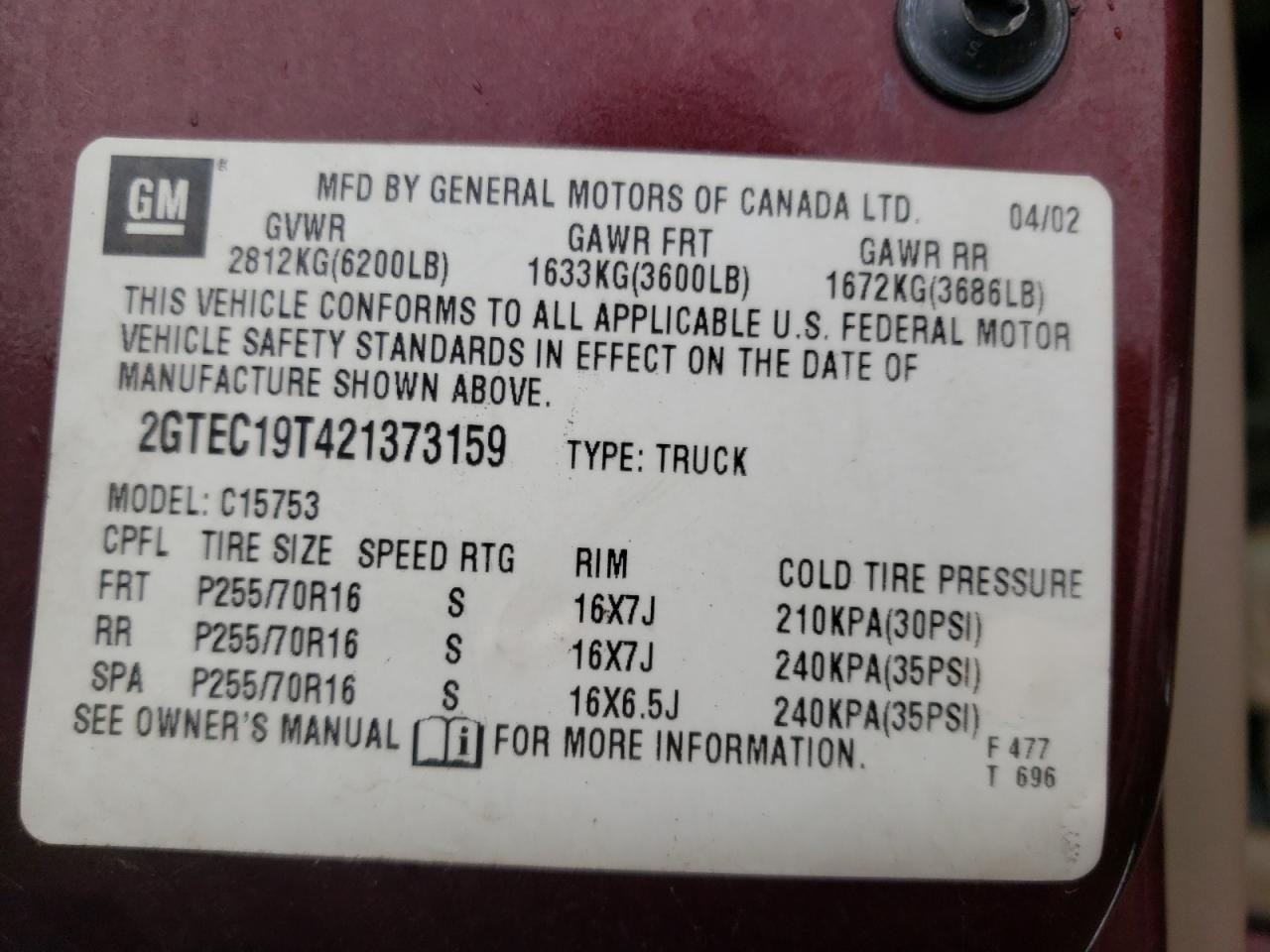 Photo 10 from auction – 2002 GMC NEW SIERRA with VIN 2GTEC19T421373159