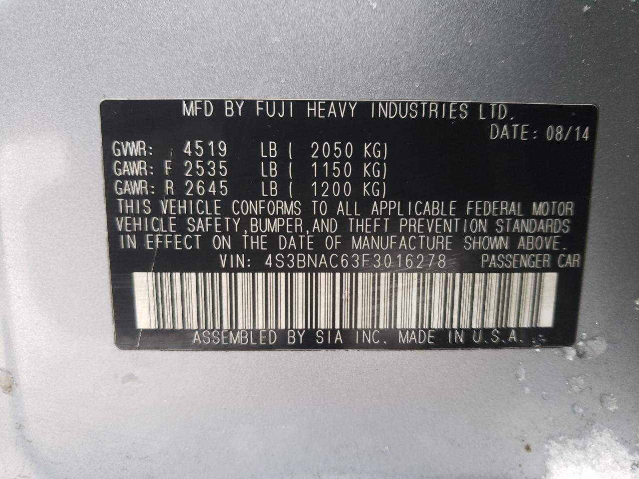 Photo 10 from auction – 2015 SUBARU LEGACY 2.5 with VIN 4S3BNAC63F3016278