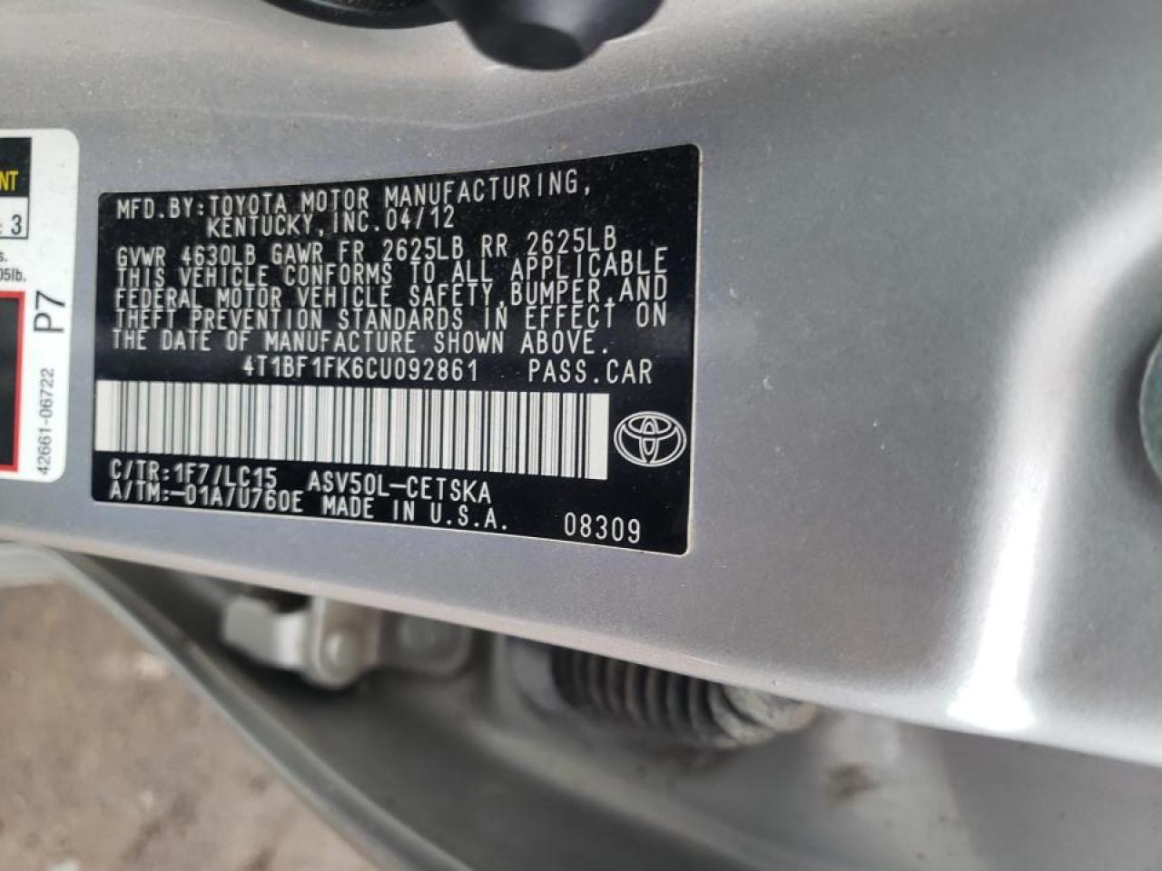Photo 10 from auction – 2012 TOYOTA CAMRY BASE with VIN 4T1BF1FK6CU092861