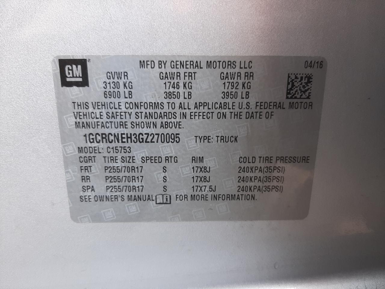 Photo 10 from auction – 2016 CHEVROLET SILVERADO with VIN 1GCRCNEH3GZ270095