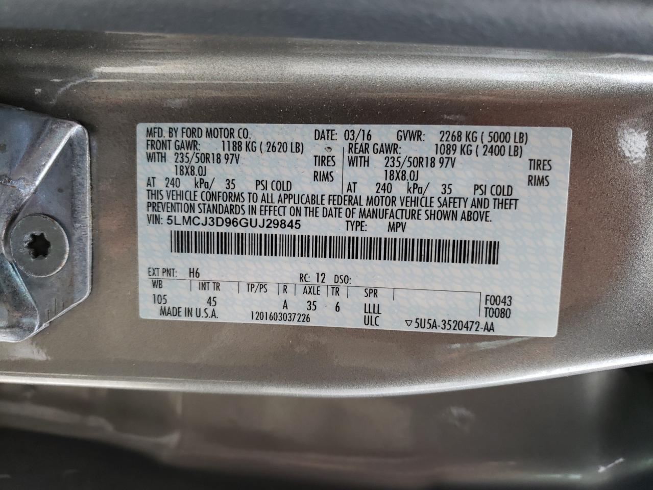Photo 10 from auction – 2016 LINCOLN MKC RESERV with VIN 5LMCJ3D96GUJ29845
