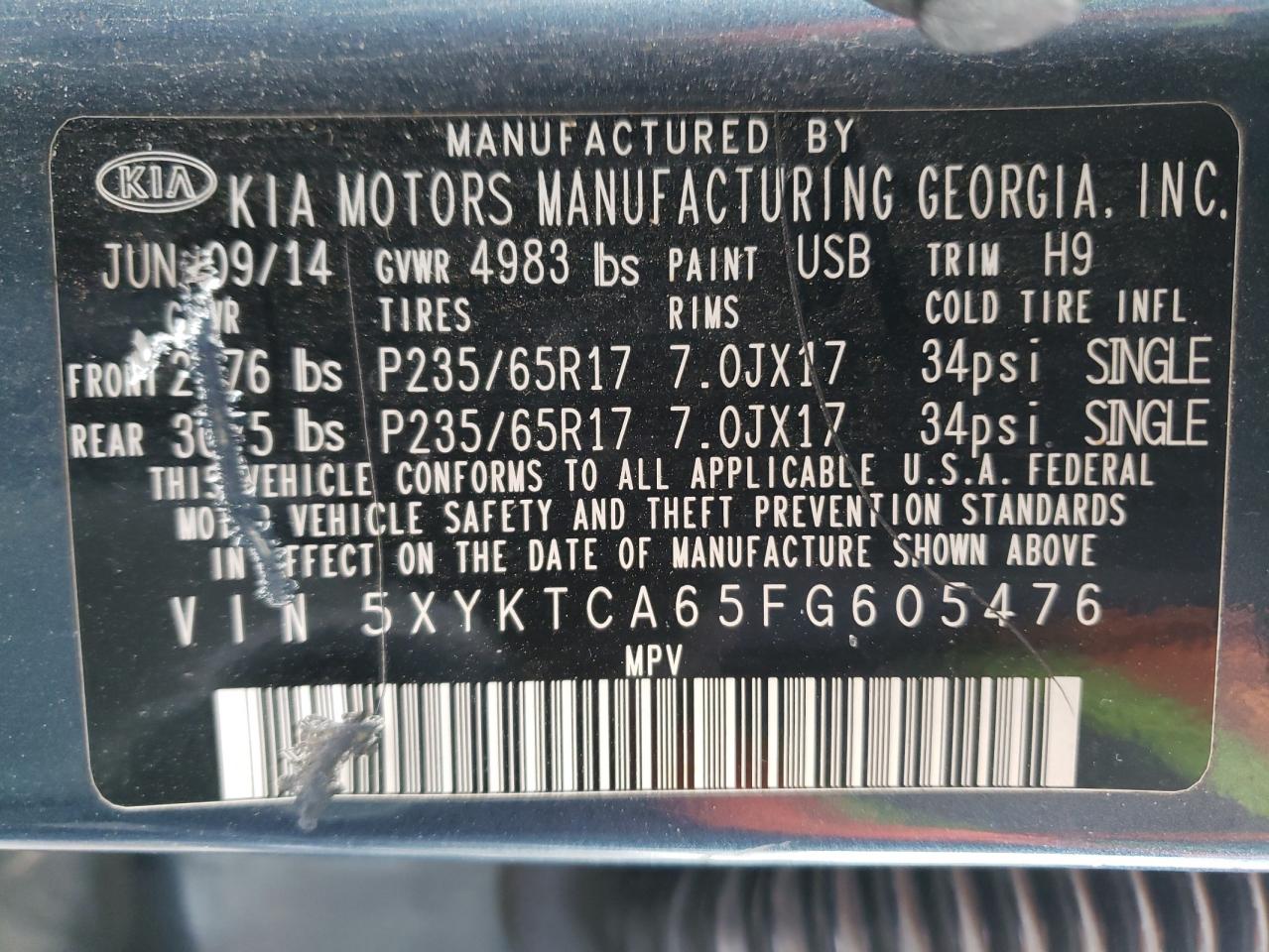 Photo 10 from auction – 2015 KIA SORENTO LX with VIN 5XYKTCA65FG605476