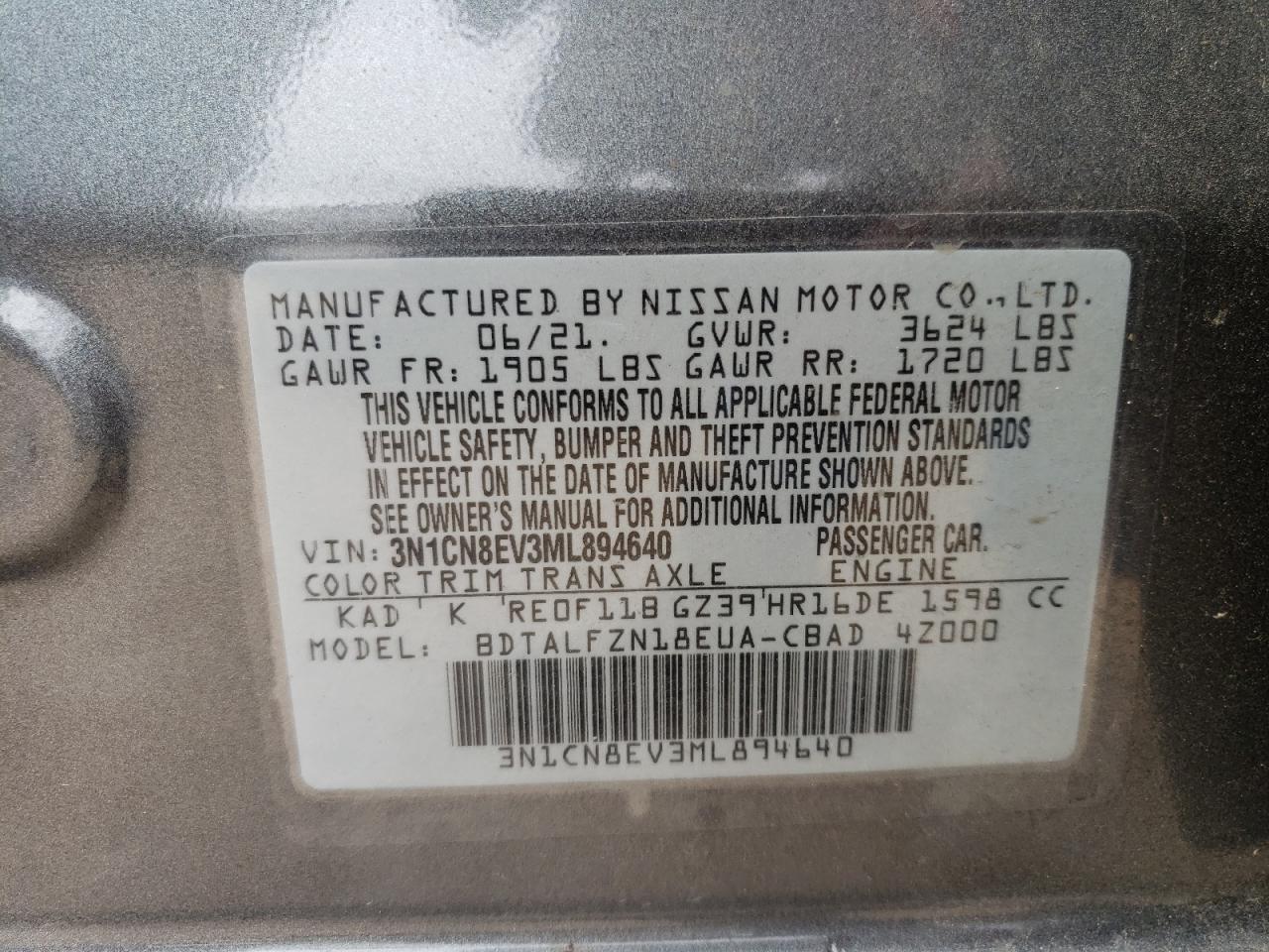 Photo 10 from auction – 2021 NISSAN VERSA SV with VIN 3N1CN8EV3ML894640
