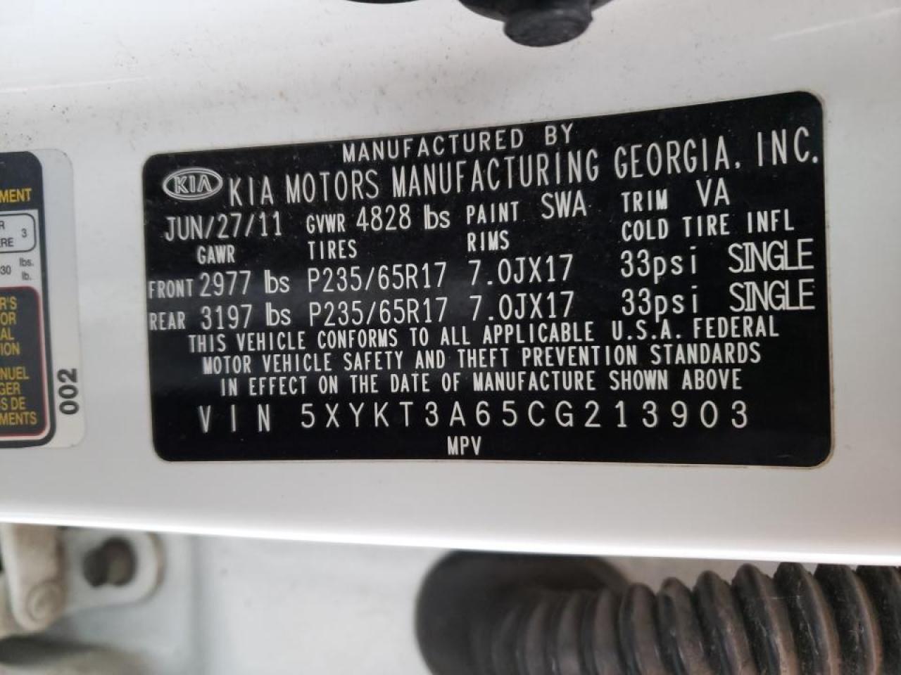 Photo 10 from auction – 2012 KIA SORENTO BA with VIN 5XYKT3A65CG213903