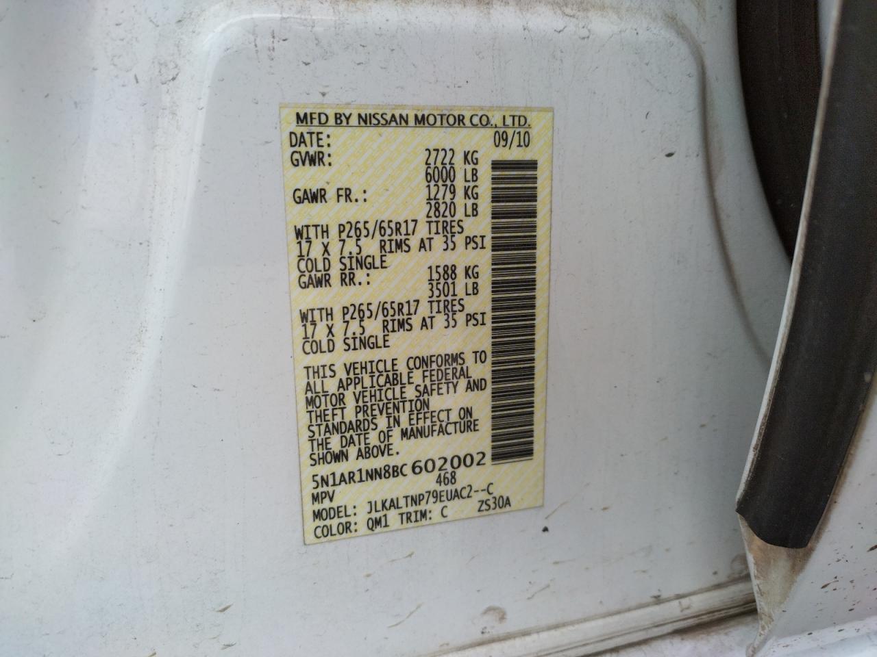 Photo 10 from auction – 2011 NISSAN PATHFINDER with VIN 5N1AR1NN8BC602002