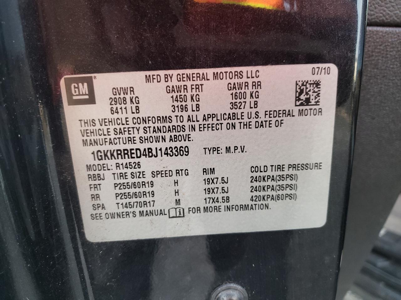Photo 10 from auction – 2011 GMC ACADIA SLT with VIN 1GKKRRED4BJ143369