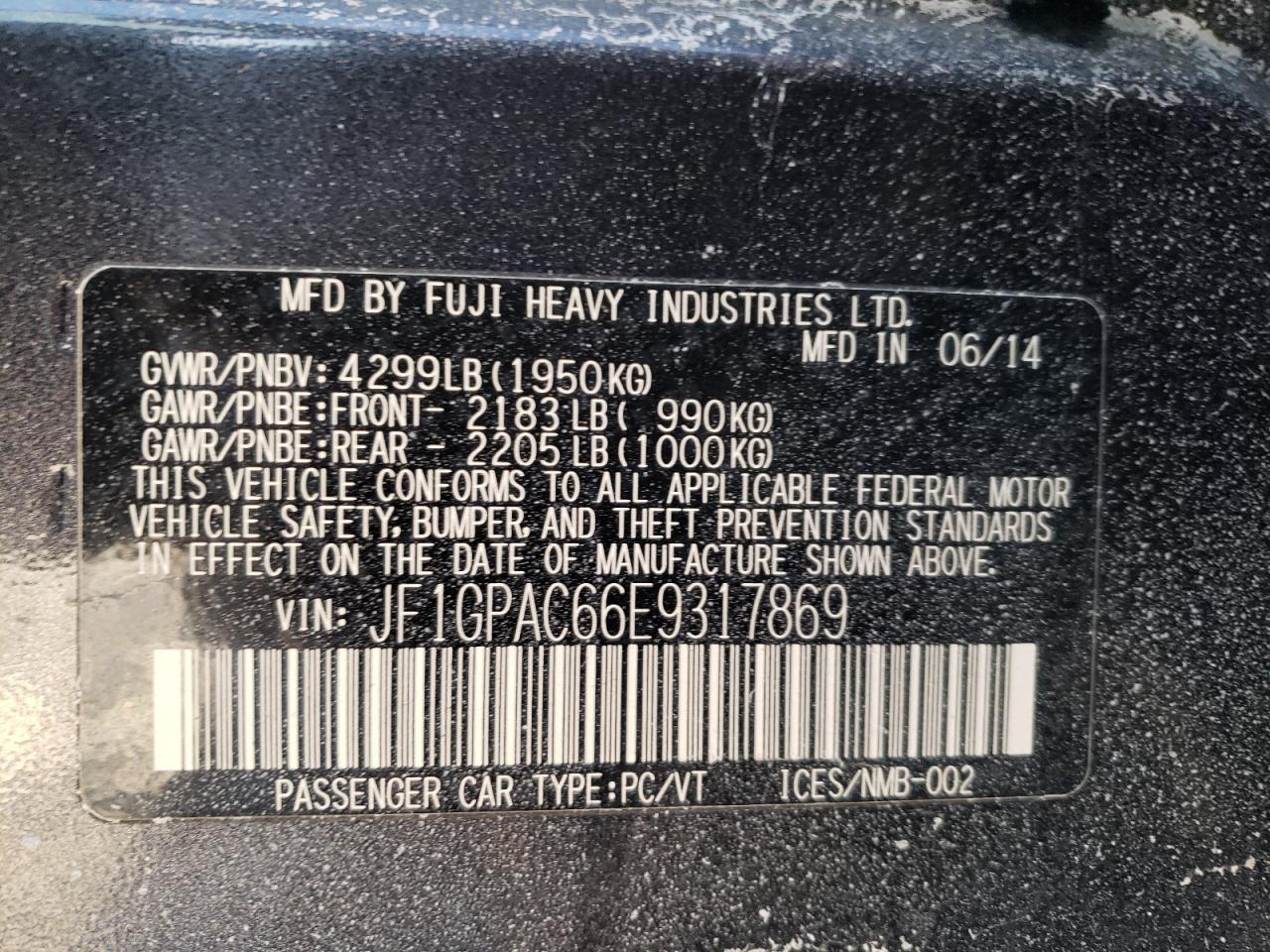 Photo 10 from auction – 2014 SUBARU IMPREZA PR with VIN JF1GPAC66E9317869