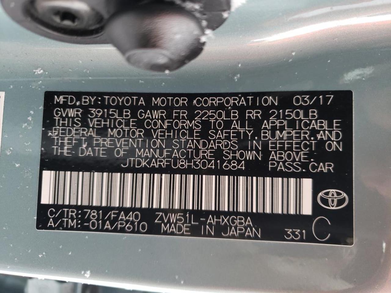 Photo 10 from auction – 2017 TOYOTA PRIUS with VIN JTDKARFU8H3041684