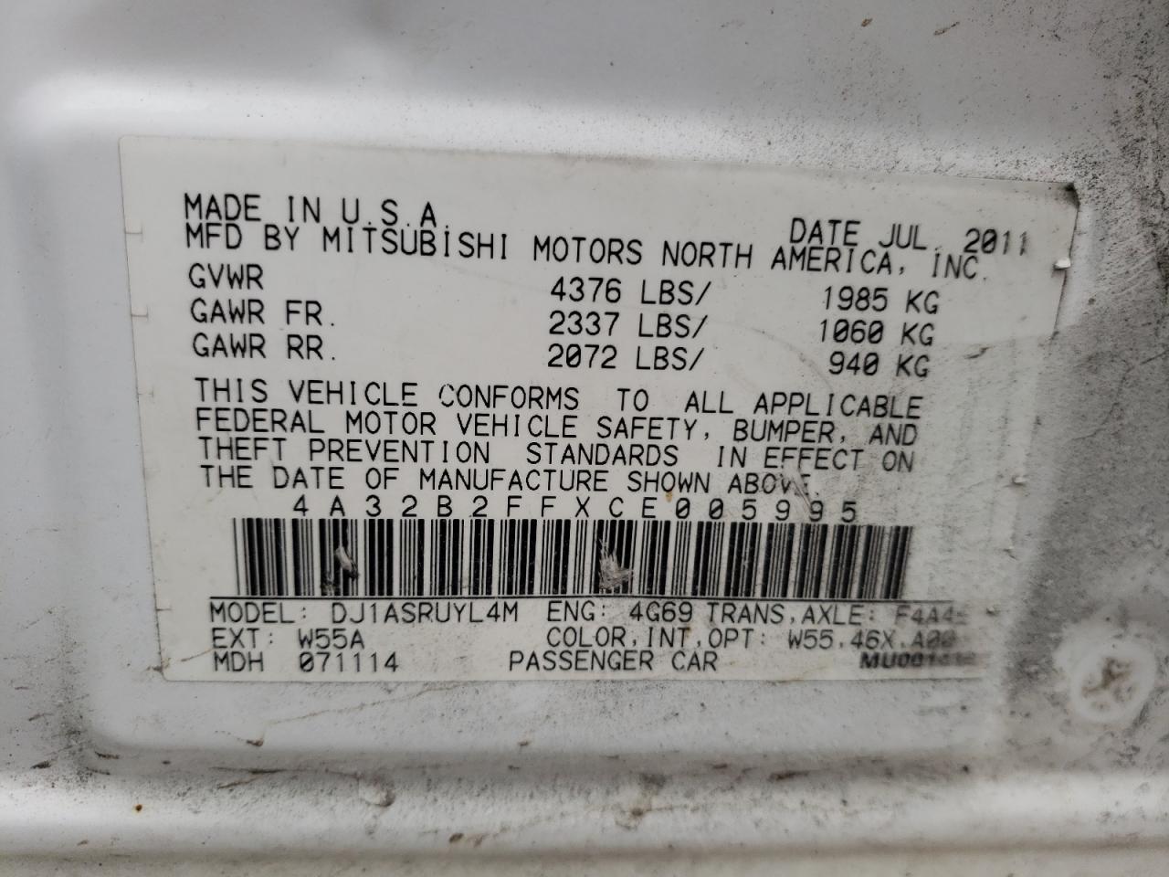 Photo 10 from auction – 2012 MITSUBISHI GALANT FE with VIN 4A32B2FFXCE005995