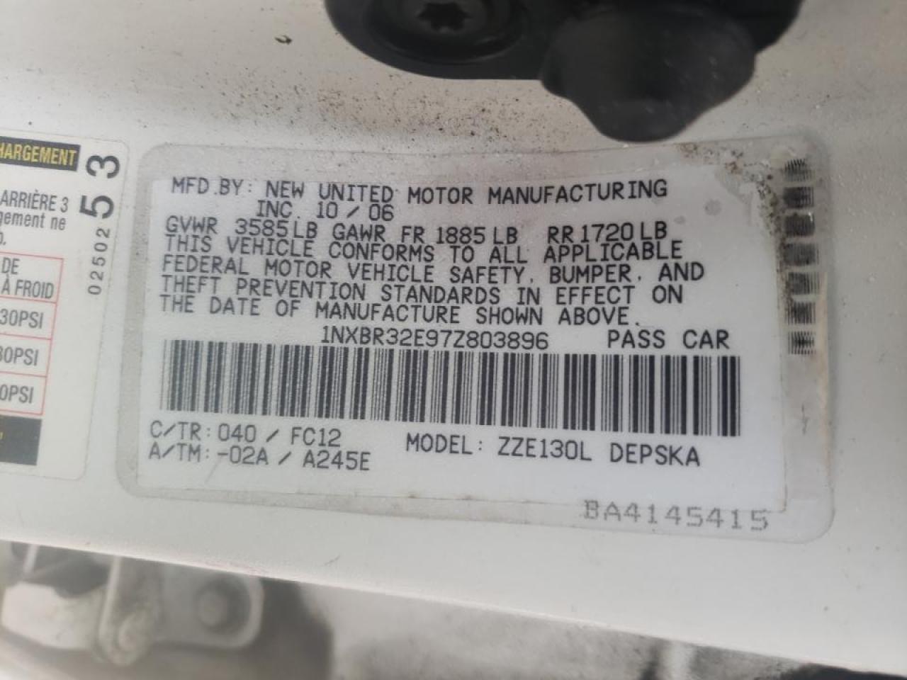 Photo 10 from auction – 2007 TOYOTA COROLLA CE with VIN 1NXBR32E97Z803896