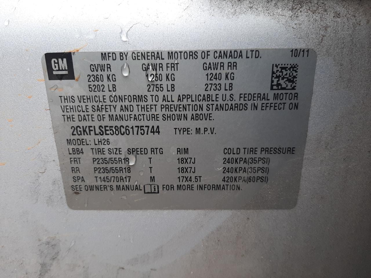 Photo 10 from auction – 2012 GMC TERRAIN SL with VIN 2GKFLSE58C6175744