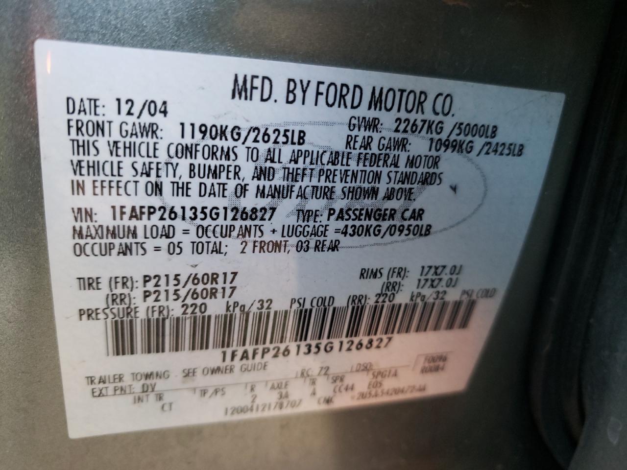 Photo 10 from auction – 2005 FORD FIVE HUNDR with VIN 1FAFP26135G126827