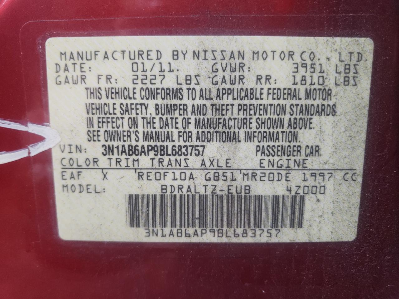Photo 10 from auction – 2011 NISSAN SENTRA 2.0 with VIN 3N1AB6AP9BL683757