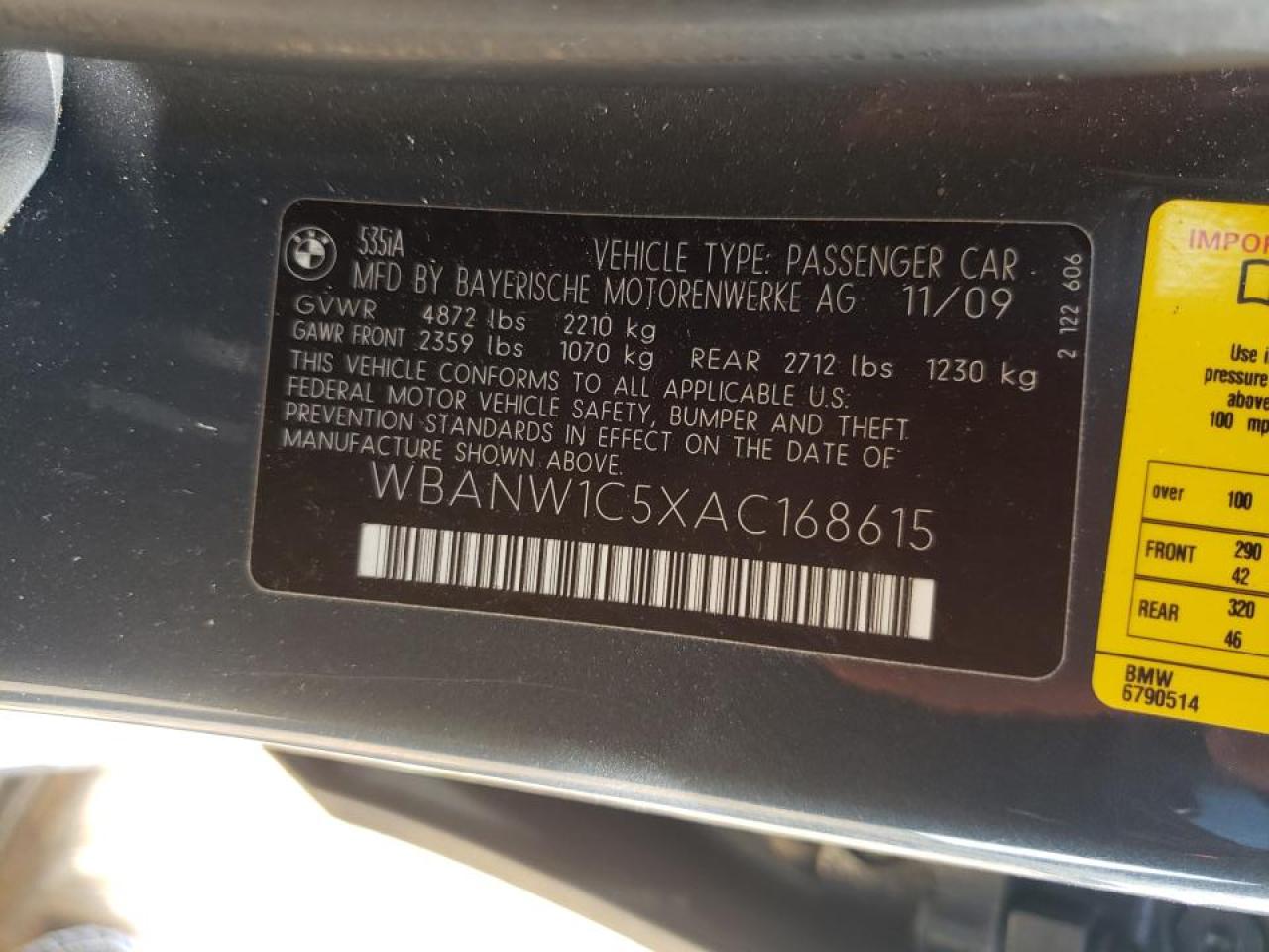 Photo 10 from auction – 2010 BMW 535 I with VIN WBANW1C5XAC168615