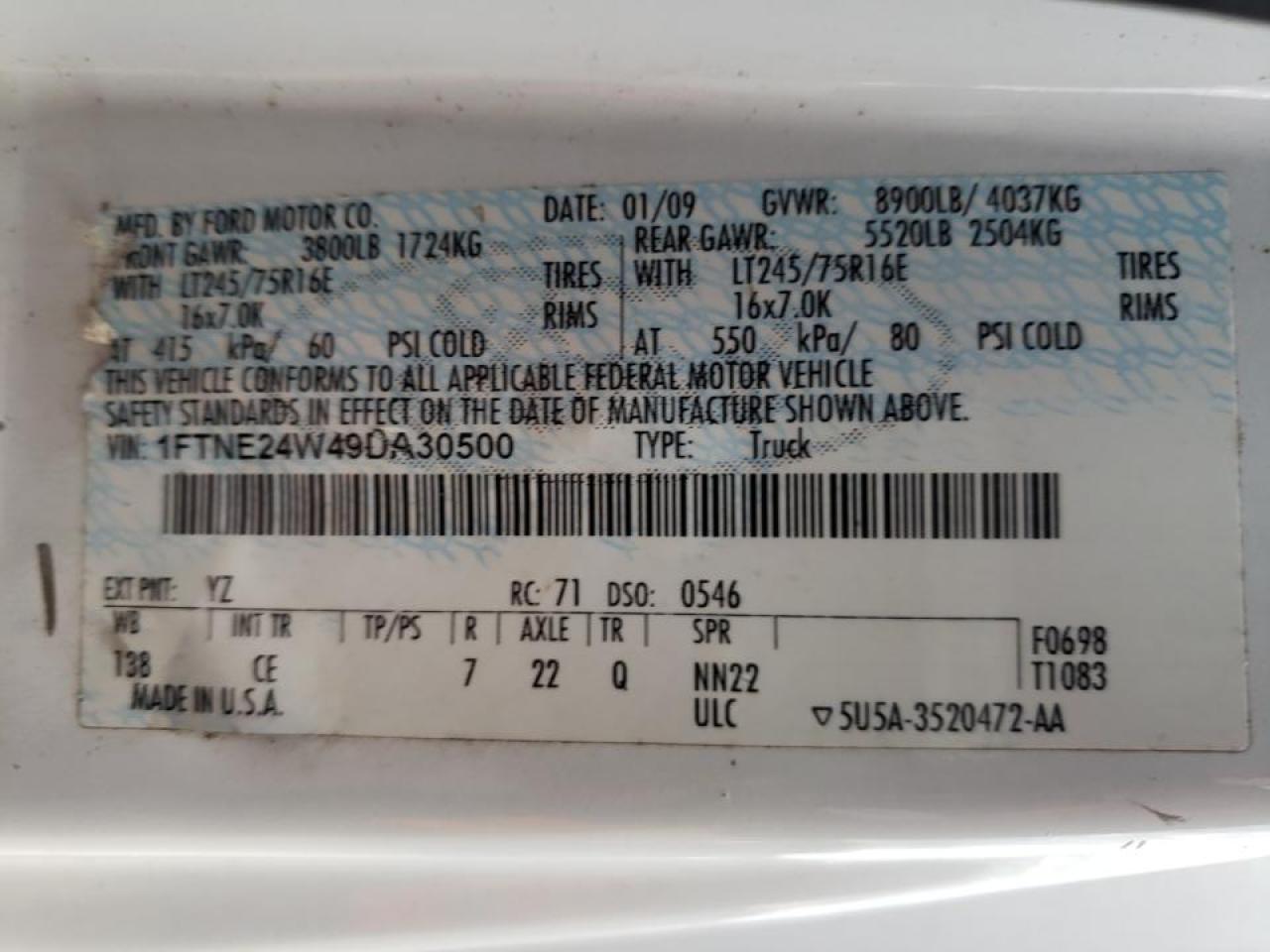 Photo 10 from auction – 2009 FORD ECONOLINE with VIN 1FTNE24W49DA30500