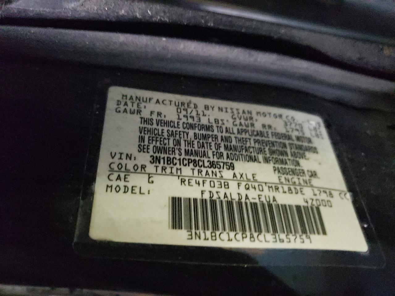 Photo 10 from auction – 2012 NISSAN VERSA S with VIN 3N1BC1CP8CL365759