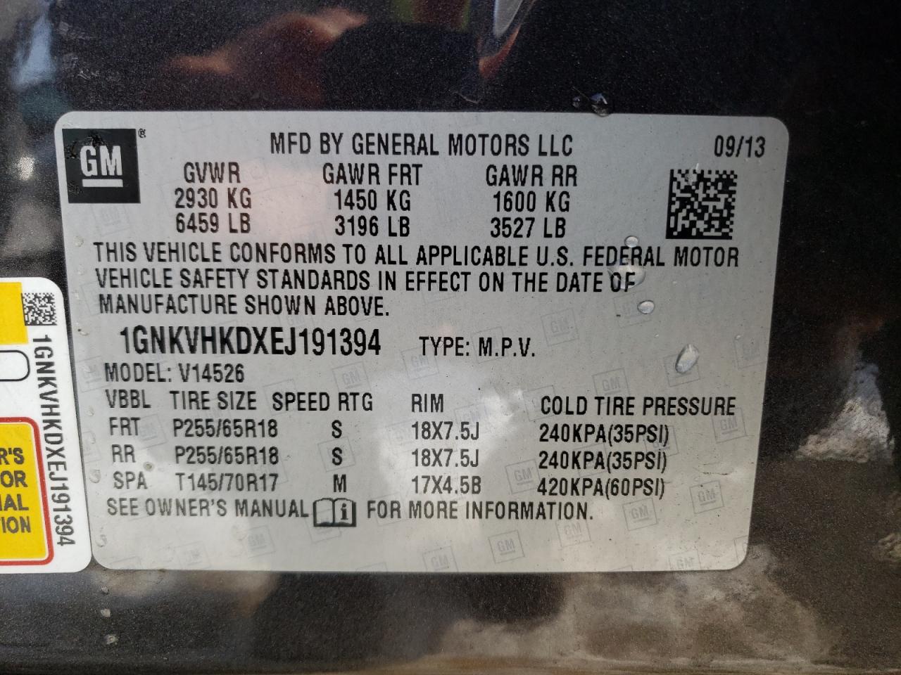 Photo 10 from auction – 2014 CHEVROLET TRAVERSE L with VIN 1GNKVHKDXEJ191394