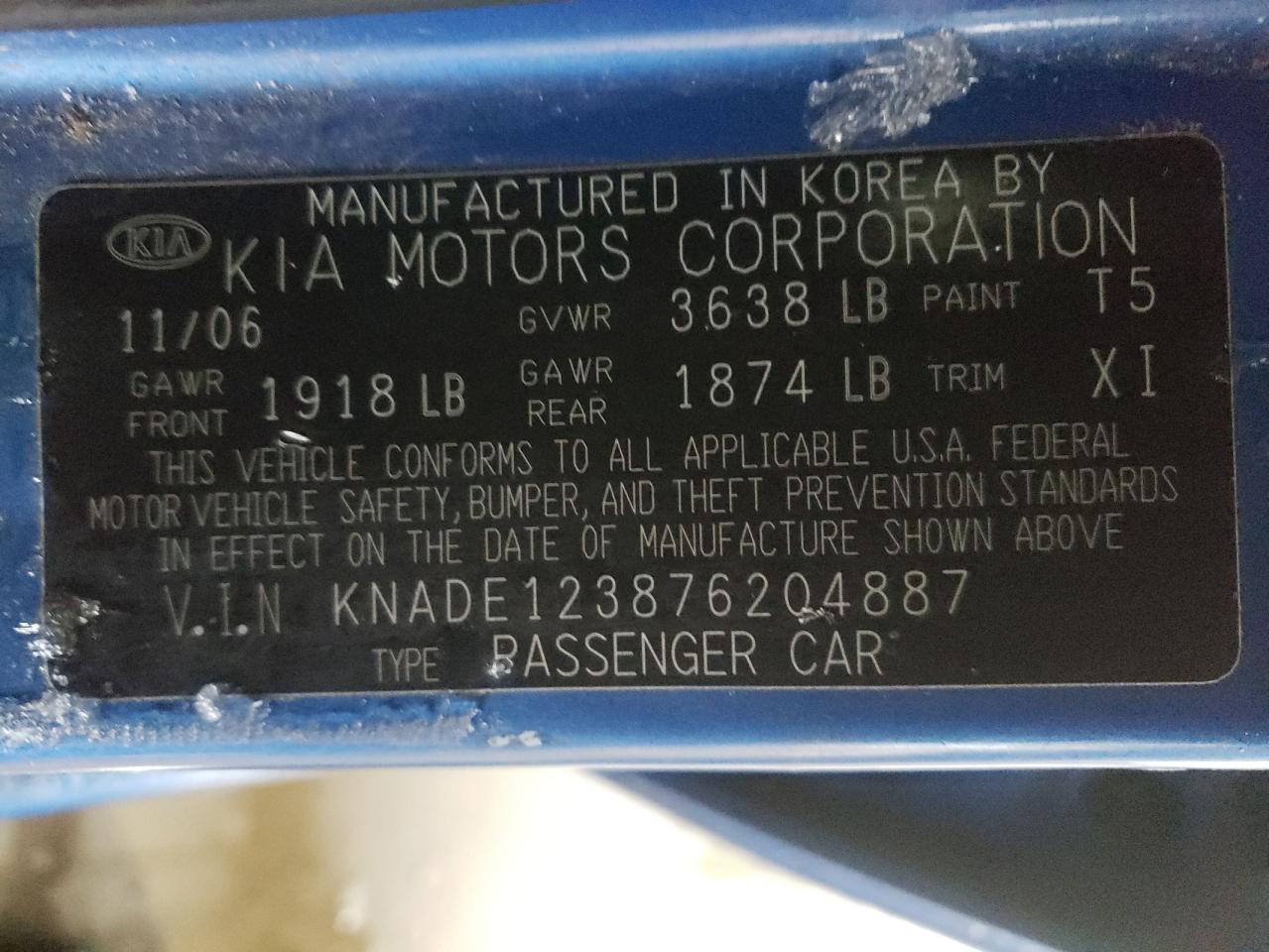 Photo 10 from auction – 2007 KIA RIO BASE with VIN KNADE123876204887