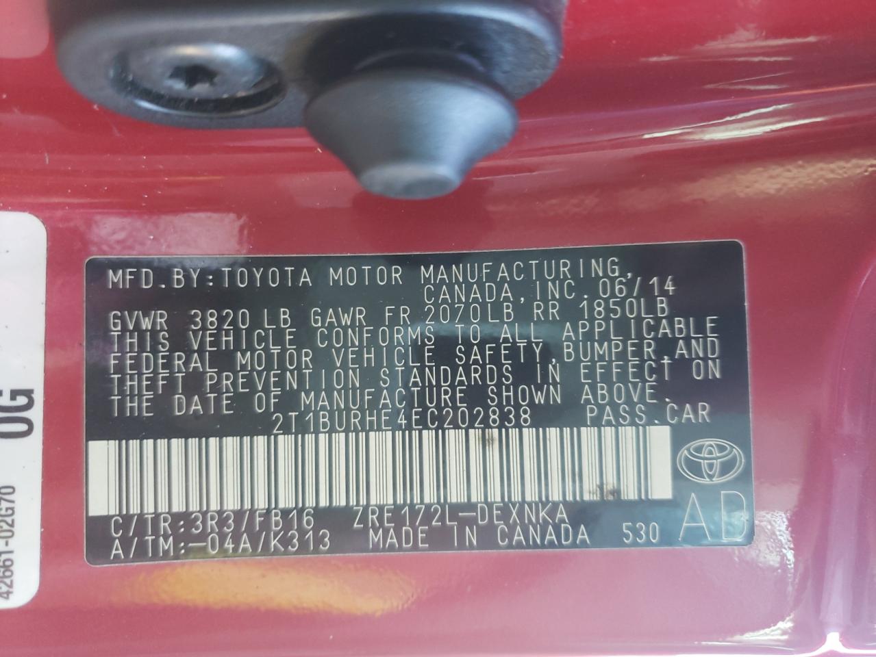 Photo 10 from auction – 2014 TOYOTA COROLLA L with VIN 2T1BURHE4EC202838