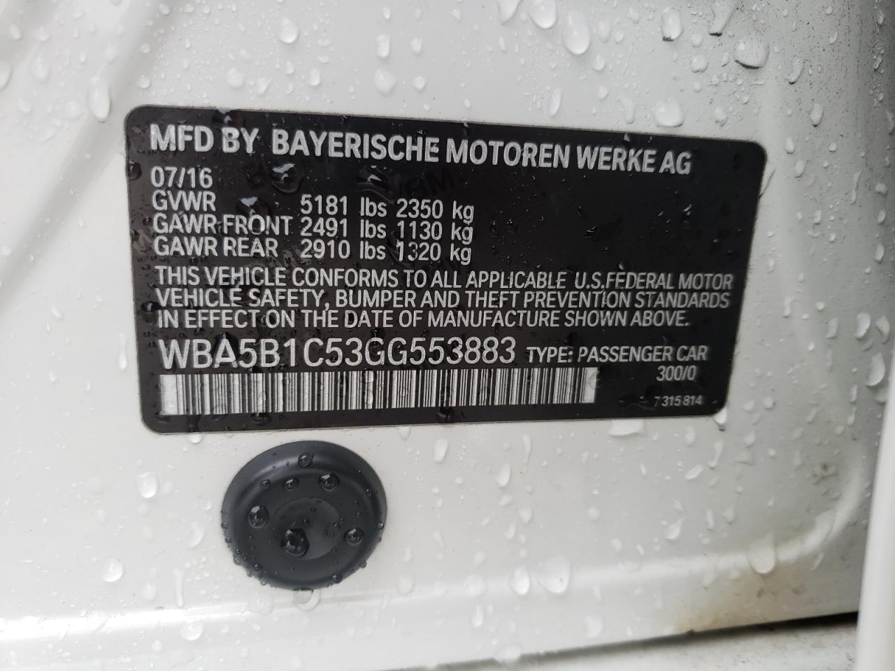 Photo 10 from auction – 2016 BMW 535 I with VIN WBA5B1C53GG553883