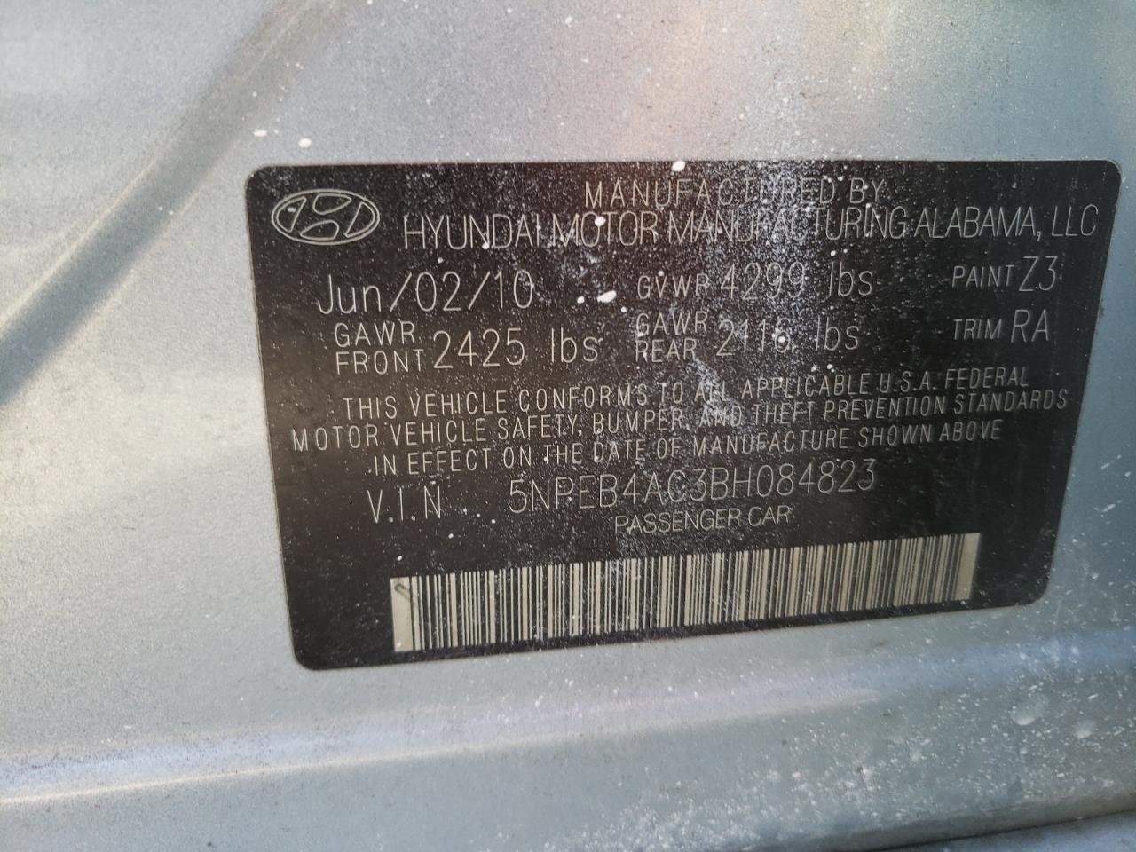 Photo 10 from auction – 2011 HYUNDAI SONATA GLS with VIN 5NPEB4AC3BH084823