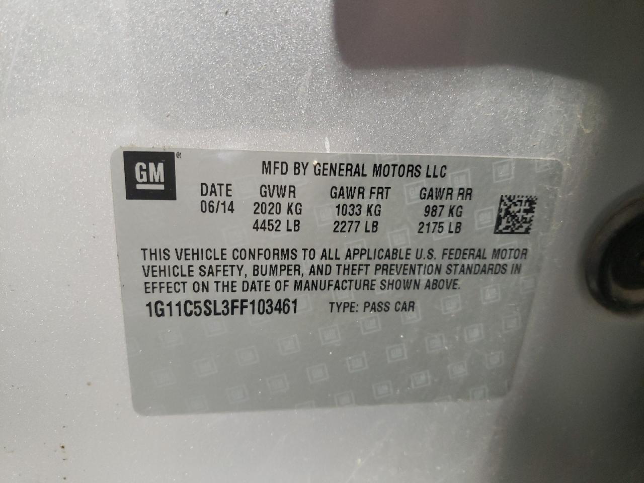 Photo 10 from auction – 2015 CHEVROLET MALIBU with VIN 1G11C5SL3FF103461