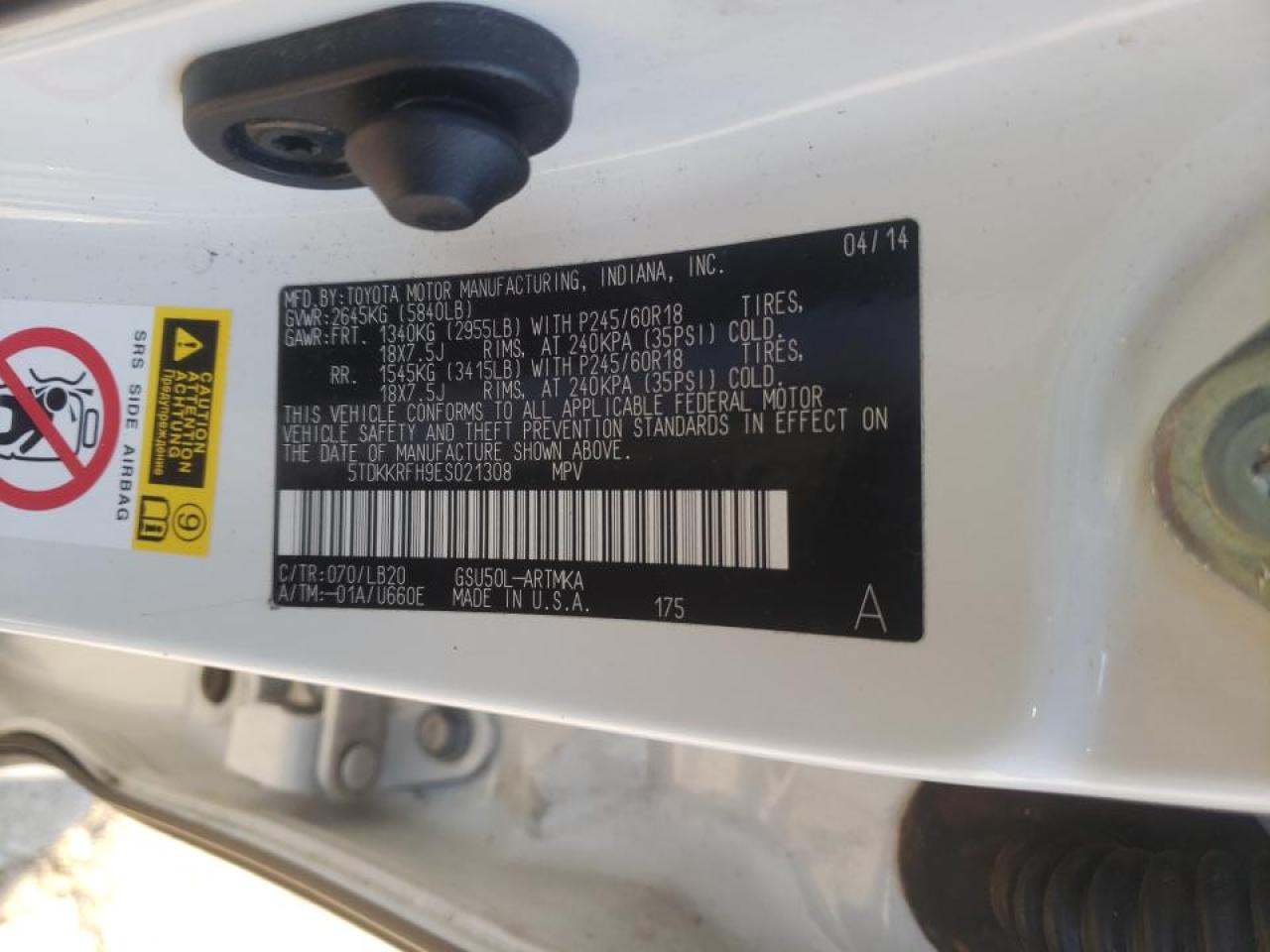 Photo 10 from auction – 2014 TOYOTA HIGHLANDER with VIN 5TDKKRFH9ES021308
