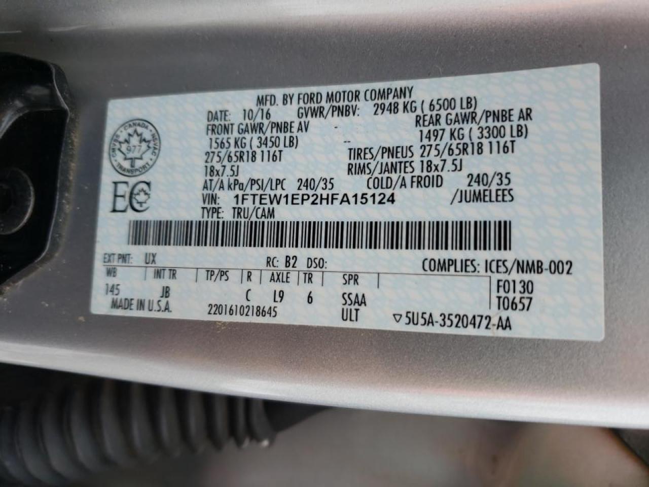 Photo 10 from auction – 2017 FORD F150 SUPER with VIN 1FTEW1EP2HFA15124
