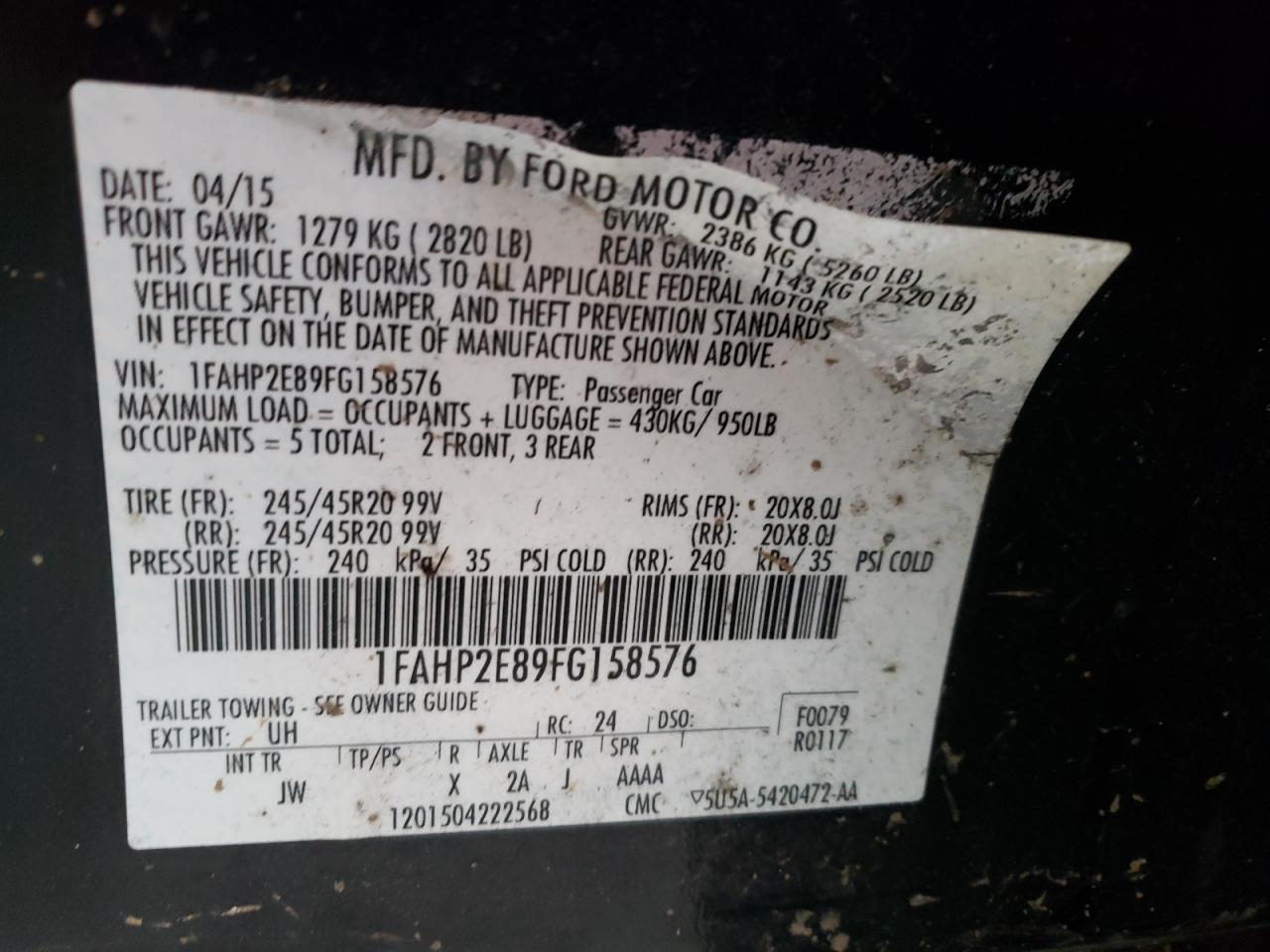 Photo 10 from auction – 2015 FORD TAURUS SEL with VIN 1FAHP2E89FG158576