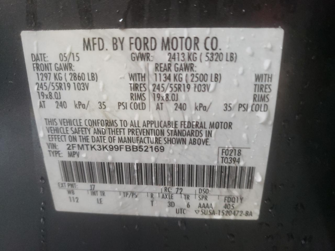 Photo 10 from auction – 2015 FORD EDGE TITAN with VIN 2FMTK3K99FBB52169