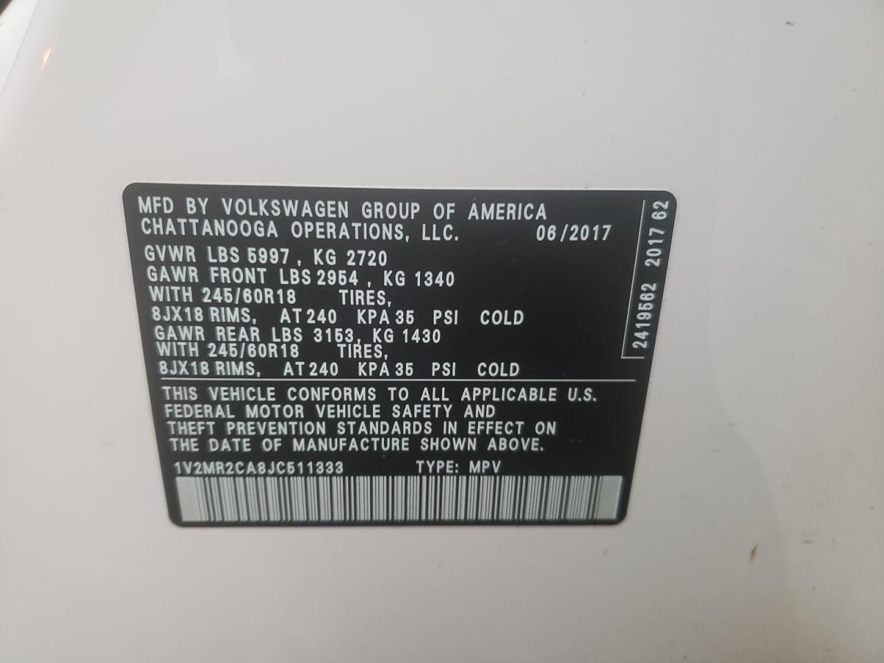 Photo 10 from auction – 2018 VOLKSWAGEN ATLAS SEL with VIN 1V2MR2CA8JC511333