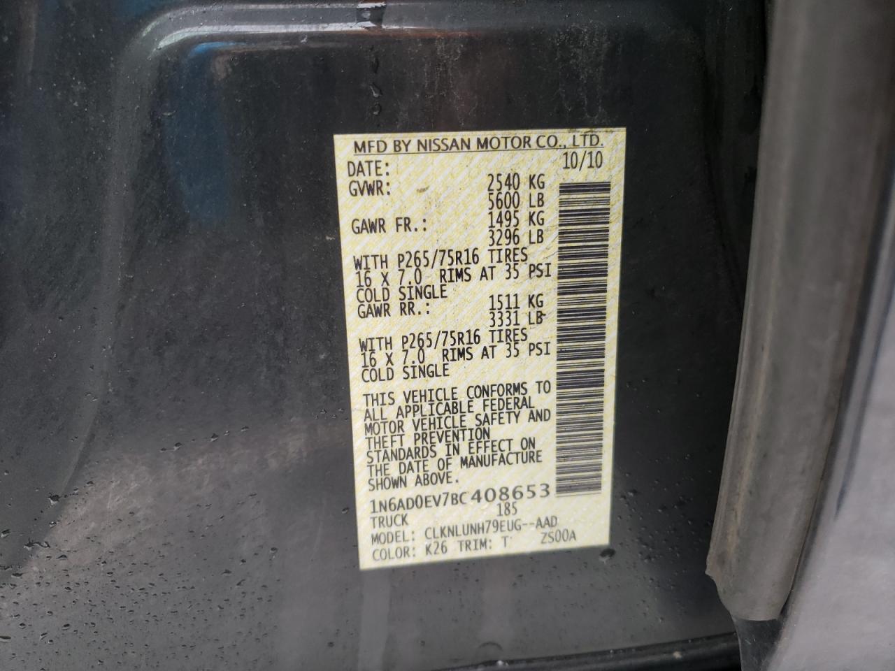 Photo 10 from auction – 2011 NISSAN FRONTIER S with VIN 1N6AD0EV7BC408653