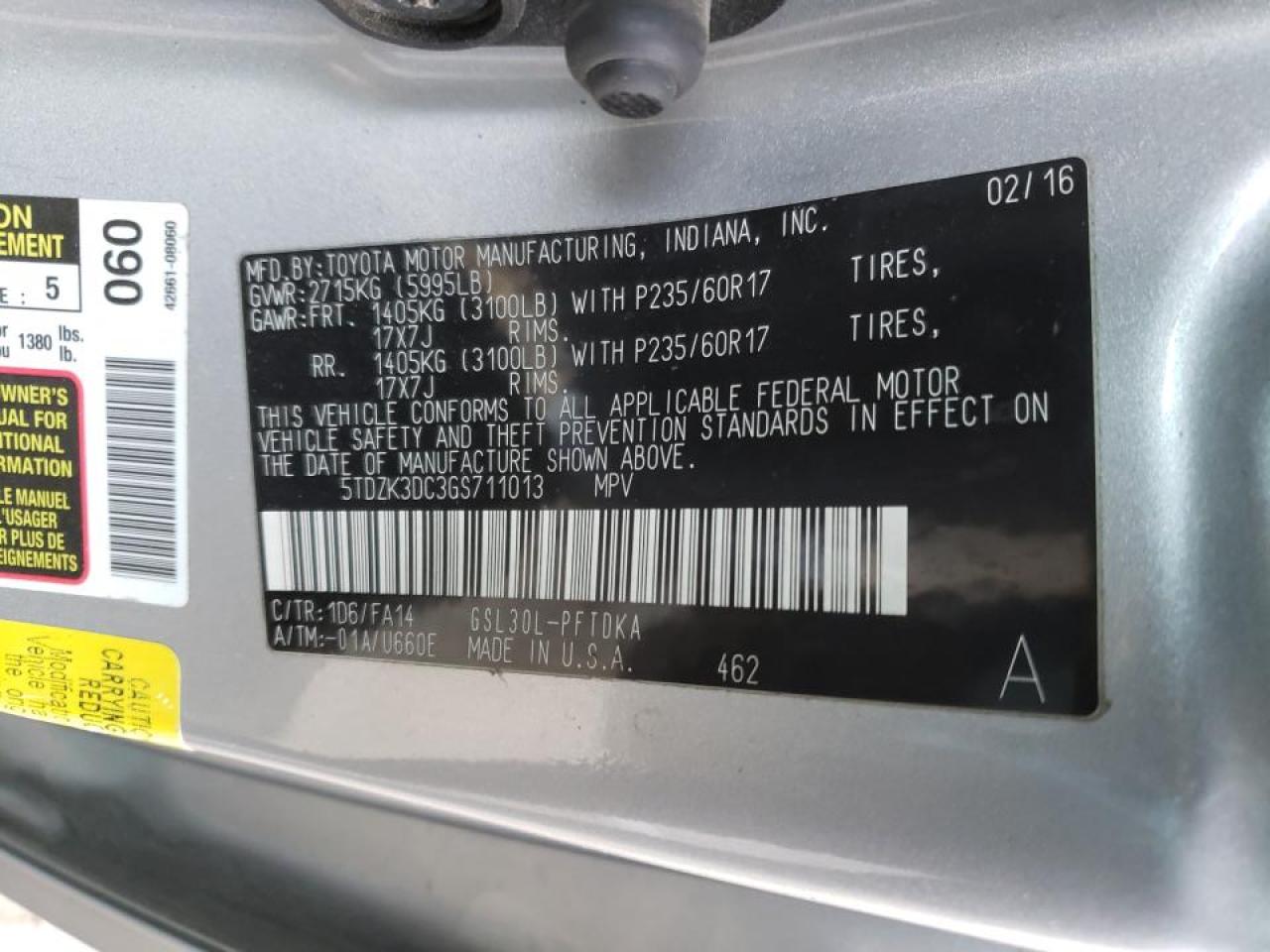 Photo 10 from auction – 2016 TOYOTA SIENNA with VIN 5TDZK3DC3GS711013