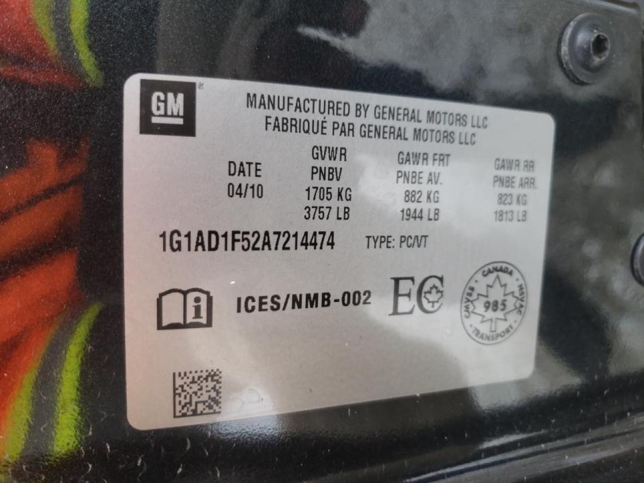 Photo 10 from auction – 2010 CHEVROLET COBALT 1LT with VIN 1G1AD1F52A7214474
