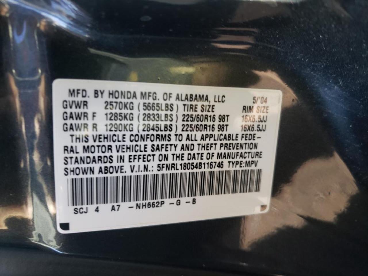 Photo 10 from auction – 2004 HONDA ODYSSEY EX with VIN 5FNRL18054B116746